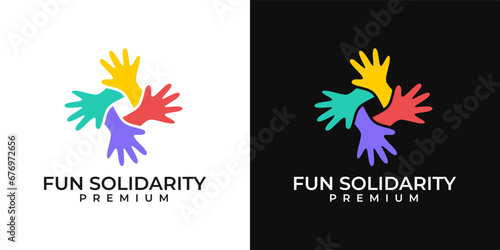 Teamwork logo design with connected hands symbol vector template. Kidsfun group hand logo. Hand with check logo. Vector logo of unity, business, community, kids, hands, solidarity.