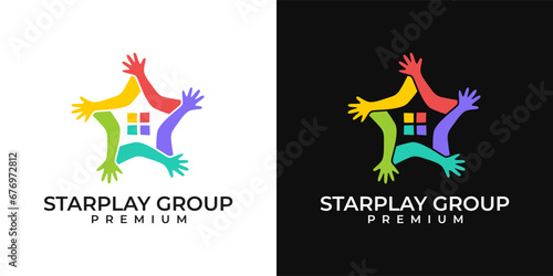 Community hands colorful vector logo. Star hands logo with window symbol. Kidsfun logo with hands forming a star. Play group logo.