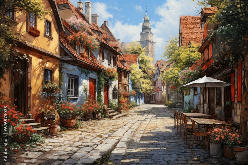 Charming Village Street Watercolor