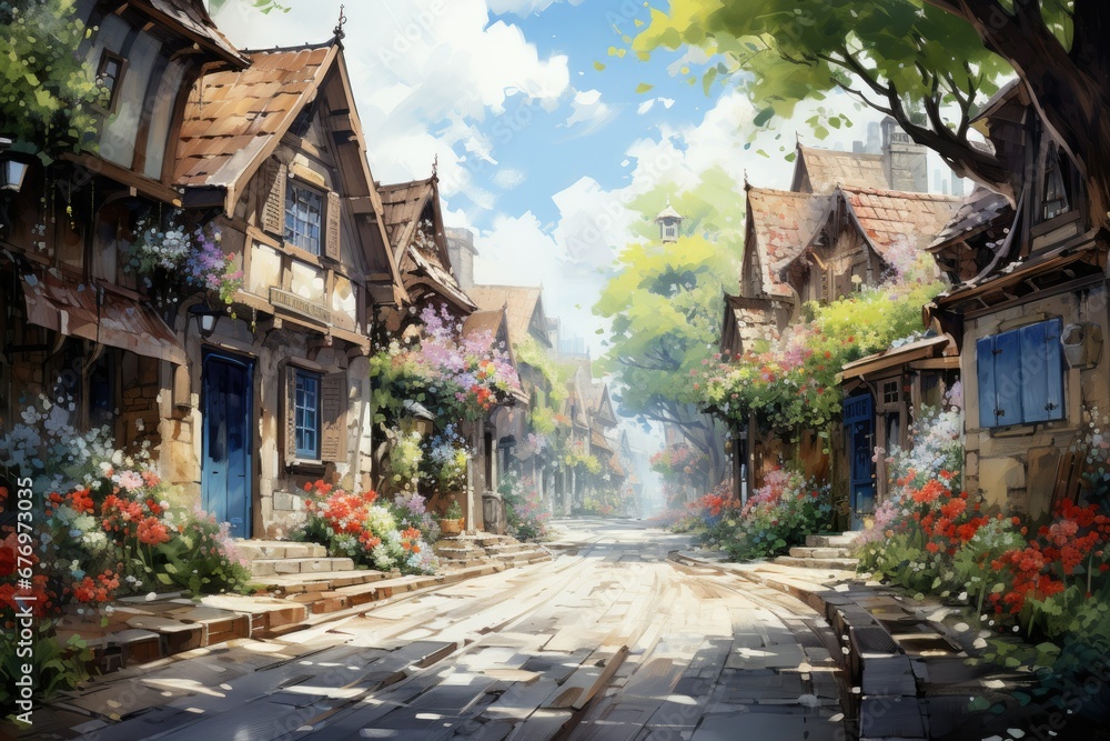 Charming Village Street Watercolor