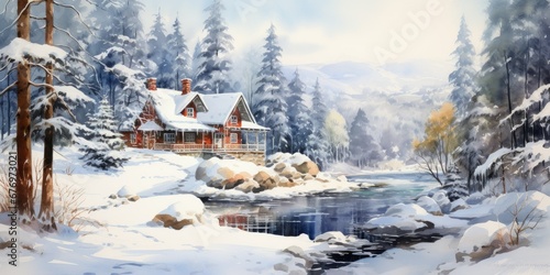 Serene Winter Cabin Watercolor © dasom