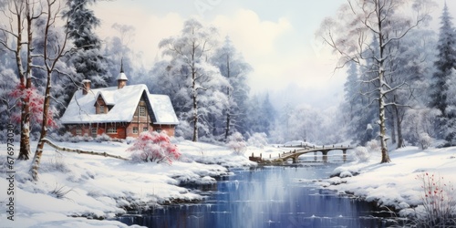 Serene Winter Cabin Watercolor