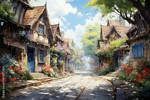 Charming Village Street Watercolor © dasom