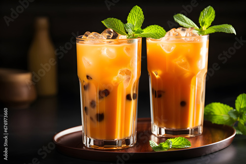 Tall glasses filled with creamy Thai iced tea, showcasing layers of vibrant orange and condensed milk, garnished with a sprig of fresh mint. Ai Generated.NO.01