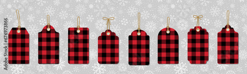 Christmas buffalo plaid red and black gift tags for holiday presents, sales and promotion or for store labels