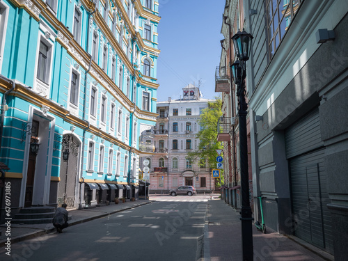 historical emerald colored architectures and empty alleyway in capital kyiv © Yuichi Mori