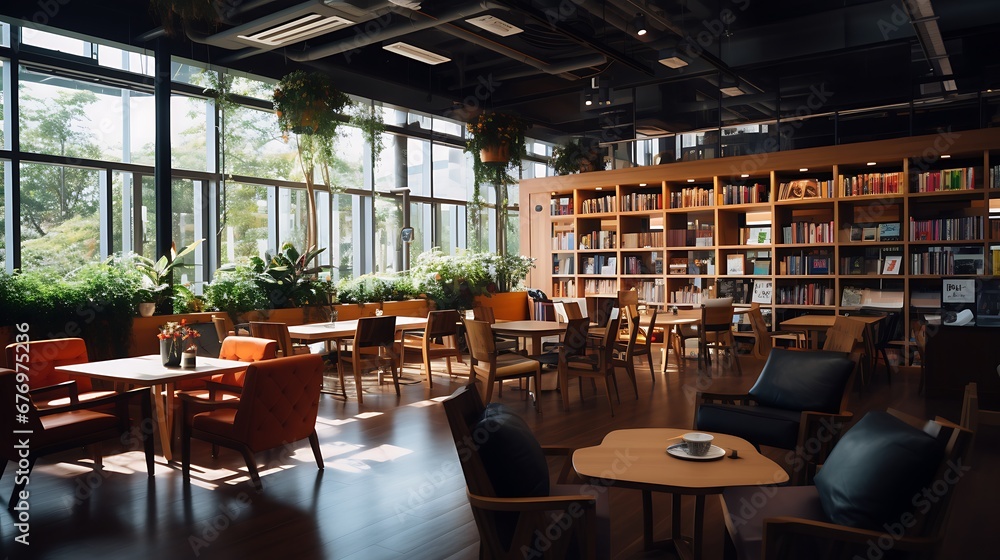A library with a library cafe featuring a variety of beverages.