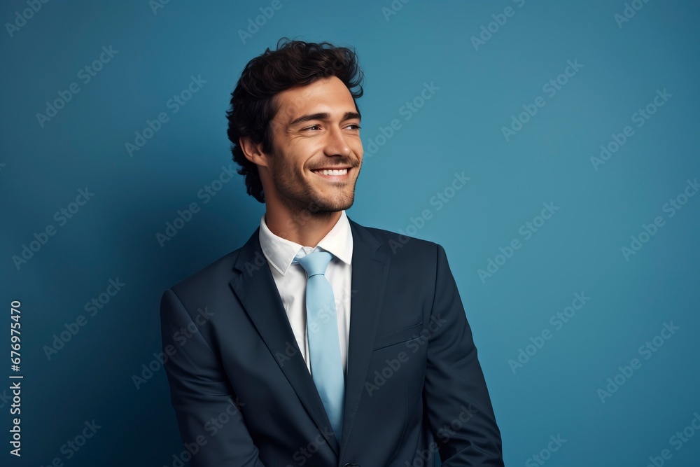 Thoughtful businessman looking at camera, smiling, one color background, generative ai Thoughtful businessman looking at camera, smiling, one color background, generative ai