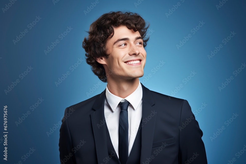 Thoughtful businessman looking at camera, smiling, one color background, generative ai Thoughtful businessman looking at camera, smiling, one color background, generative ai