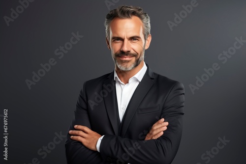 Thoughtful businessman looking at camera, smiling, one color background, generative ai © Nia™