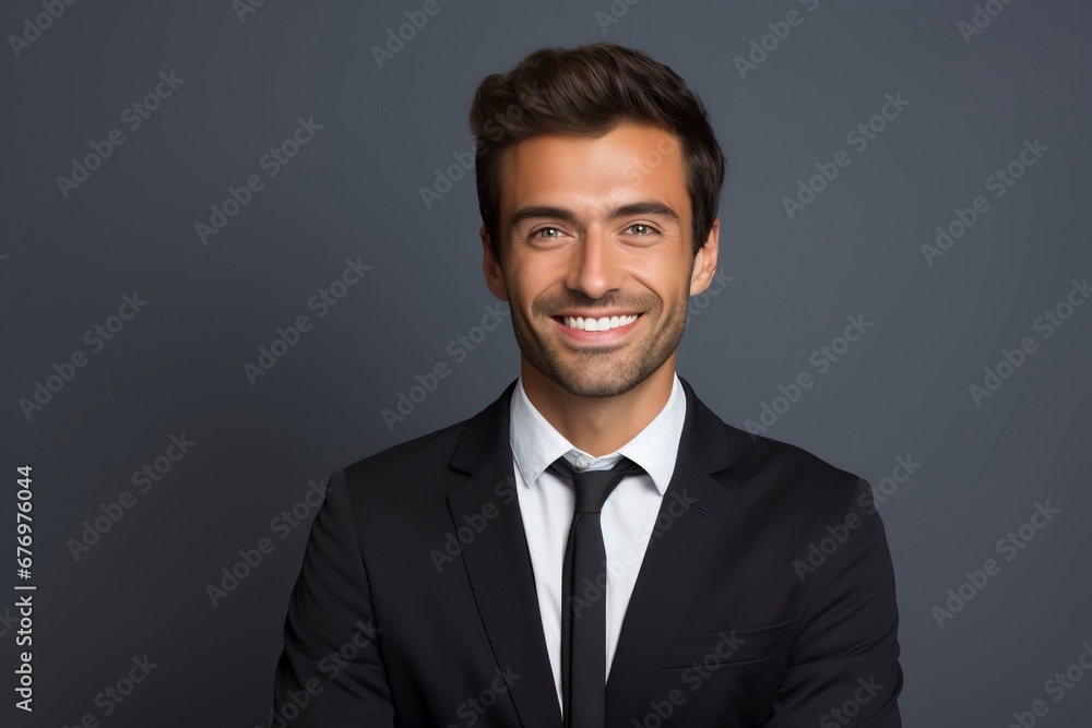 Thoughtful businessman looking at camera, smiling, one color background, generative ai Thoughtful businessman looking at camera, smiling, one color background, generative ai