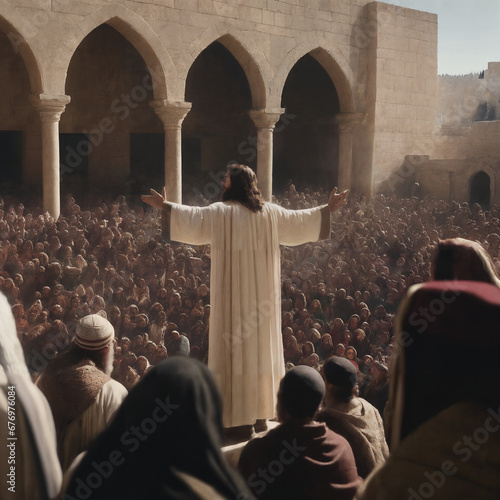Jesus preaching in Jerusalem outide