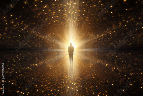 Quantum field grid of golden light particles surrounding a human form photo