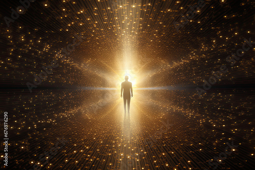 Quantum field grid of golden light particles surrounding a human form