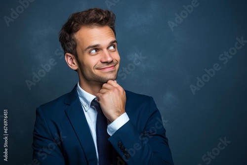 Thoughtful businessman looking at camera, smiling, one color background, generative ai