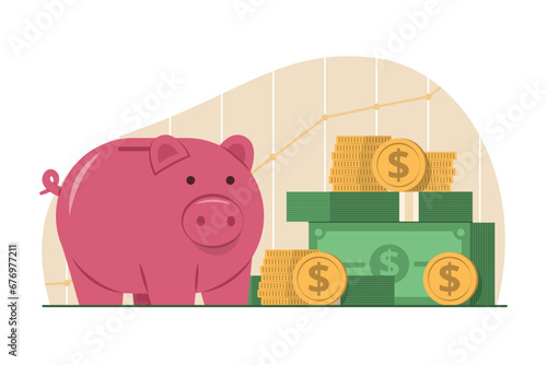 Piggy Bank with Pile of Cash Dollar Money and Coins for Saving Money Concept Illustration