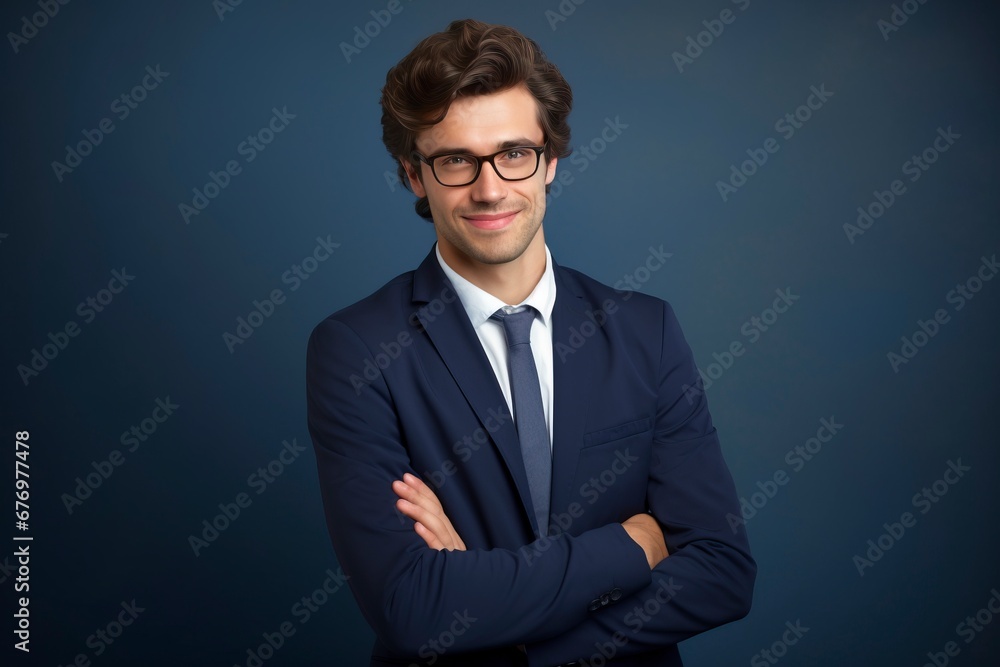 Thoughtful businessman looking at camera, smiling, one color background, generative ai Thoughtful businessman looking at camera, smiling, one color background, generative ai