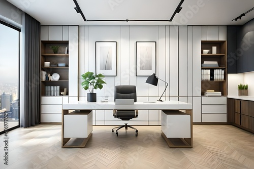 Modern white home office interior design 3d Rendering  photo