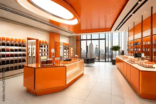 Create a Cosmetics pop-up store, orange tone, realistic. Inside the store there are many beauty products with orange tone package such as lipsticks, foundation, eyeliner, eyeshadows,.... The store cre photo