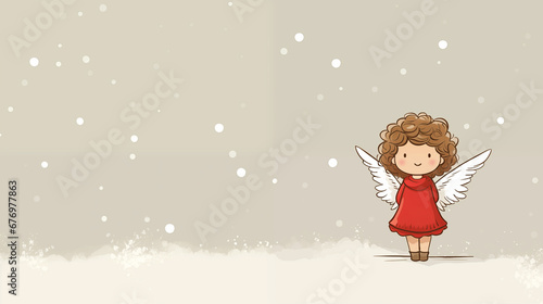 With wings outstretched and hands innocently behind her, a cute angel doodle on a neutral snowy background is simple and endearing.