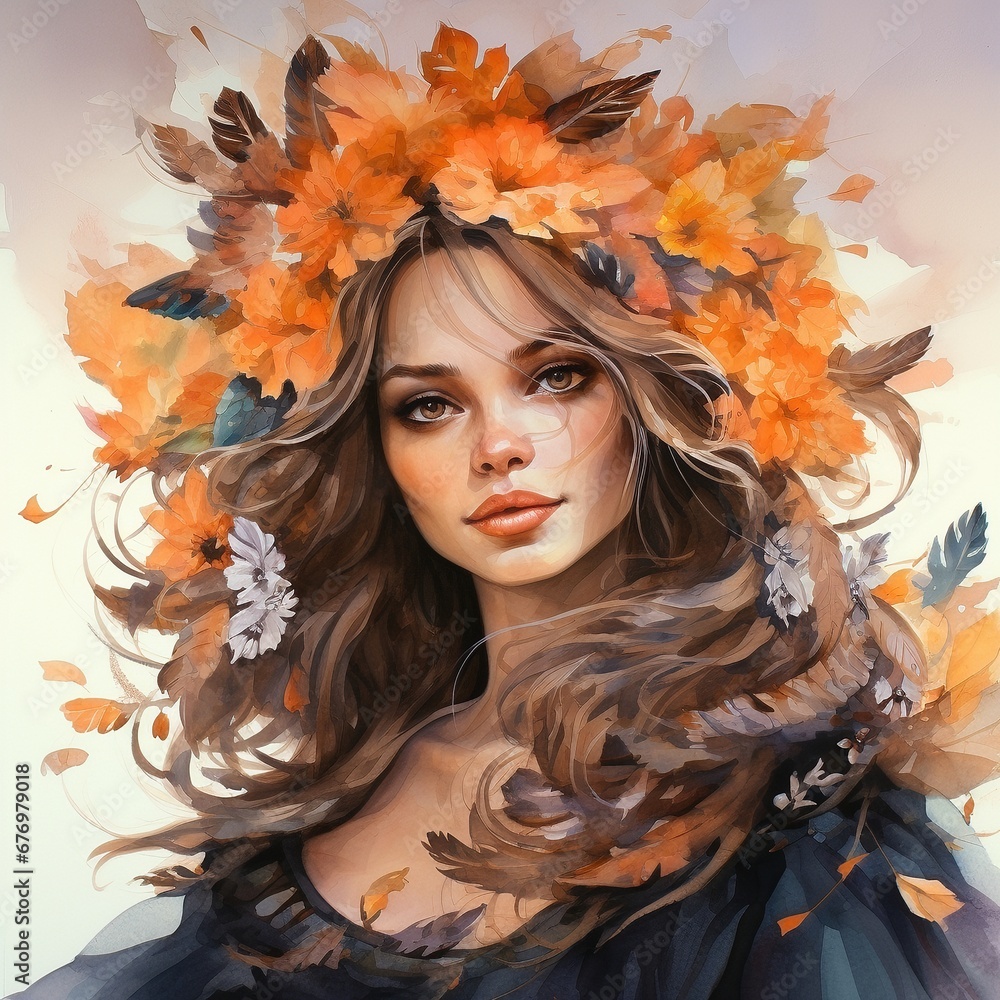 Watercolor Portrait, Woman, Autumn, Godess