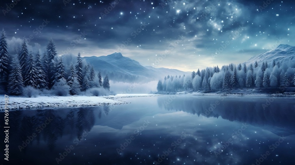 Fototapeta premium A frozen lake reflecting the calm, wintry cosmos 