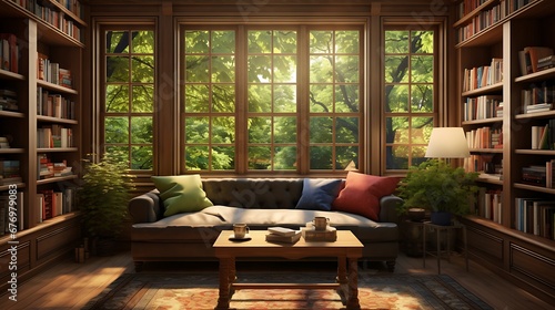 A library with a reading nook by a large bay window.