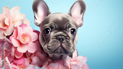 Close up portrait of French bulldog puppy mascot peeking behind pink flowers. Minimal humorous concept of cuddly dog character. Pastel colors background with copy space © Nata