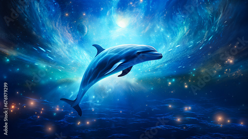 Dolphin swimming on Space Nebula, surreal wallpaper, background artwork. Dolphin on floating in the space ocean, cosmos, interstellar. © Mrt