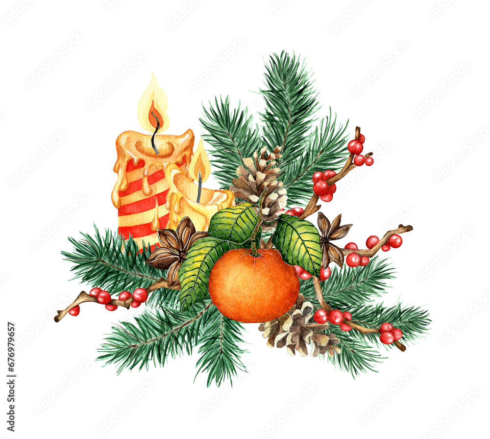 Watercolor illustration of a Christmas candle with fir branches, pine cone, branches with red berries, cinnamon, madarines. Isolated composition for posters, cards, banners, flyers, covers Watercolor illustration of a Christmas candle with fir branches, pine cone, branches with red berries, cinnamon, madarines. Isolated composition for posters, cards, banners, flyers, covers