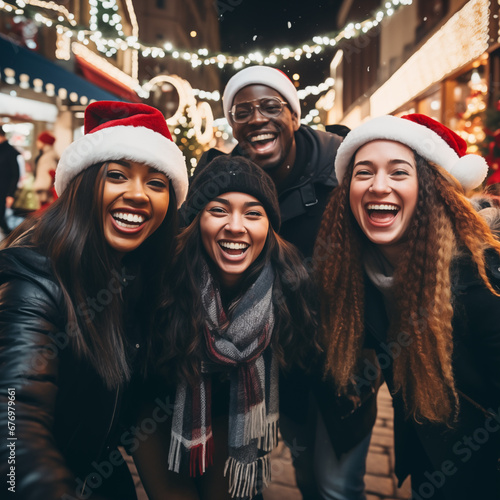 Happy multicultural diversity friends wearing Santa claus hat celebrating Christmas and holiday in winter