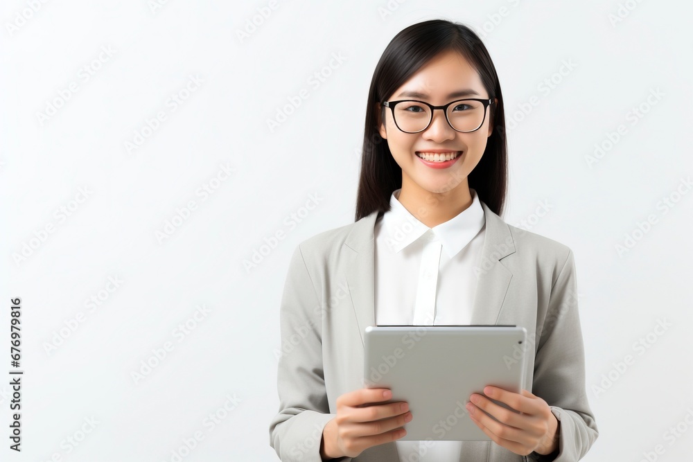 Image of young asian woman company worker in glasses smiling and holding digital tablet standing over white background, generative ai Image of young asian woman company worker in glasses smiling and holding digital tablet standing over white background, generative ai