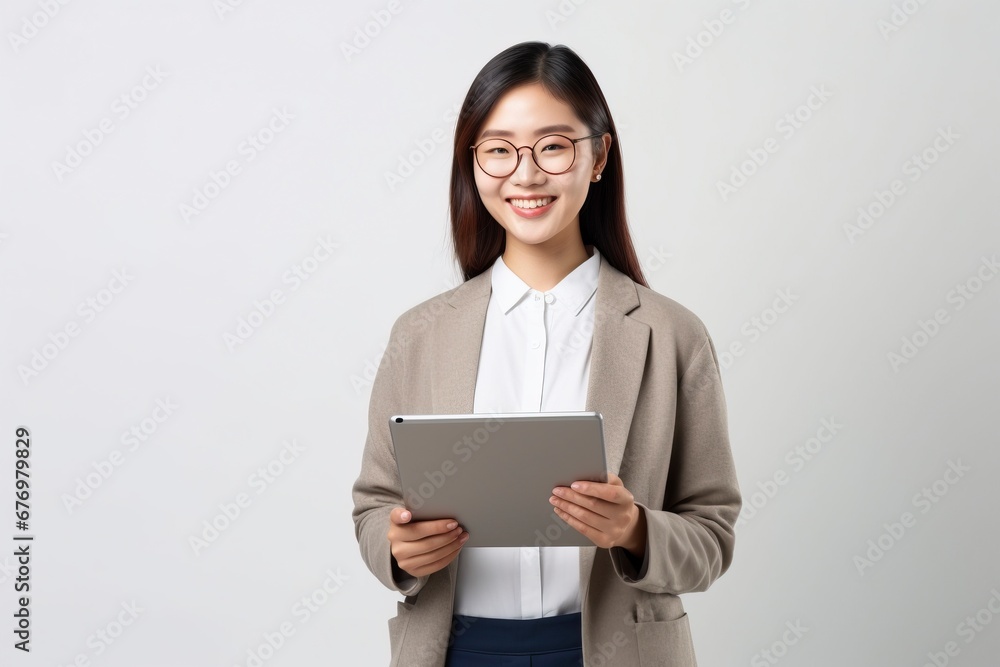Image of young asian woman company worker in glasses smiling and holding digital tablet standing over white background, generative ai Image of young asian woman company worker in glasses smiling and holding digital tablet standing over white background, generative ai