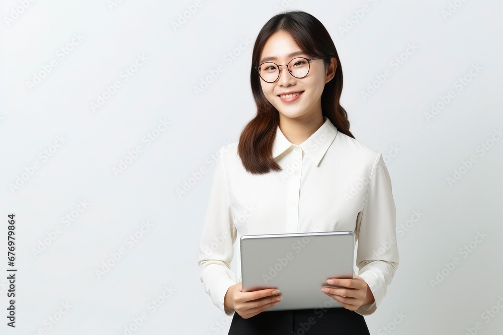 Image of young asian woman company worker in glasses smiling and holding digital tablet standing over white background, generative ai Image of young asian woman company worker in glasses smiling and holding digital tablet standing over white background, generative ai
