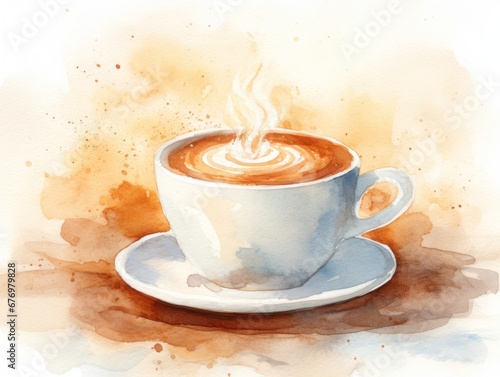 White mug of coffee. Christmas watercolor illustration. Card background frame.