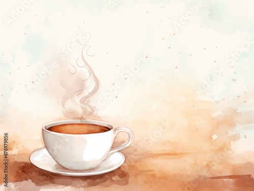 White mug of coffee. Christmas watercolor illustration. Card background frame.
