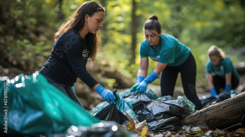 Female volunteer remove garbage in a bag in nature. Volunteers clean outdoor scenic spot of trash. Creative concept of clean planet. 