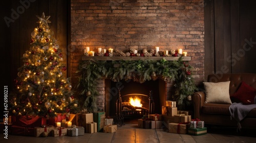 Wallpaper scenery of a traditional living room with a fireplace, a Christmas tree, candles and many Christmas presents
