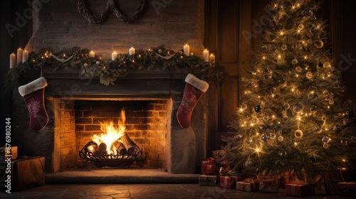 Wallpaper scenery of a traditional living room with a fireplace, a Christmas tree, candles and some small Christmas presents