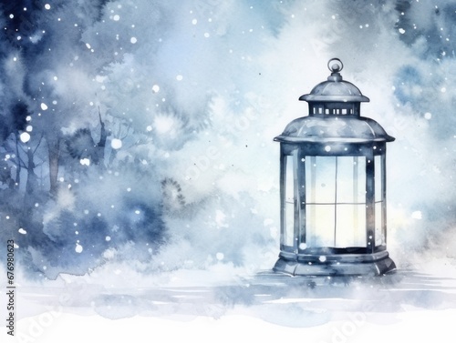 Lantern lamp in a snowy forest. Christmas watercolor illustration. Card background frame. Copy space.