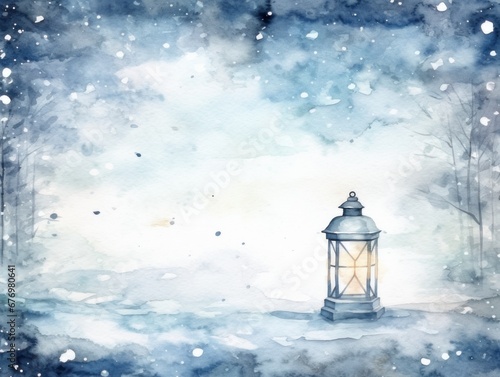 Lantern lamp in a snowy forest. Christmas watercolor illustration. Card background frame. Copy space.