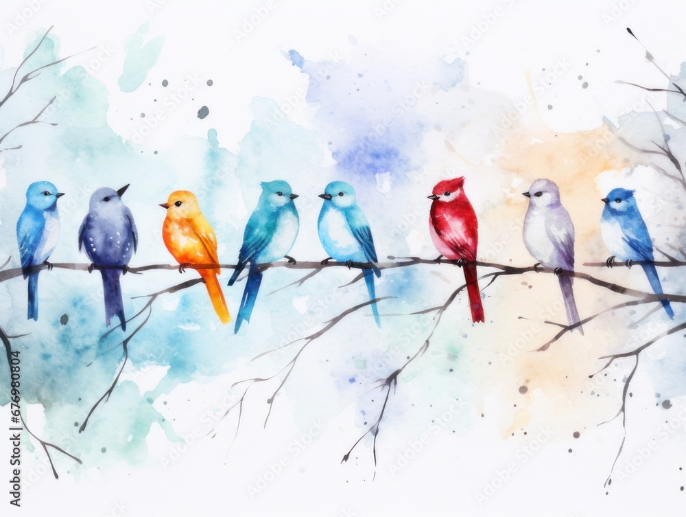 Colored birds sit on a branch. Christmas watercolor illustration. Card background frame.