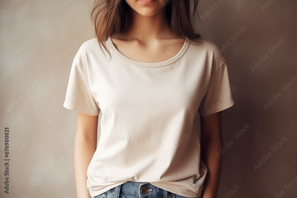 Young woman dressed in a light beige T-shirt on a beige background, mockup with copy space Young woman dressed in a light beige T-shirt on a beige background, mockup with copy space