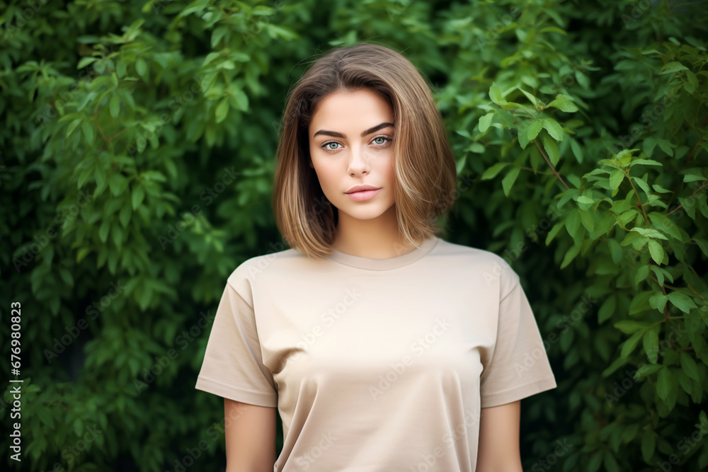 Young woman dressed in a beige T-shirt stands against a background of green plants, mockup with copy space Young woman dressed in a beige T-shirt stands against a background of green plants, mockup with copy space