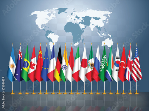 G20 member countries flags together. Group 20 countries' flags in a row