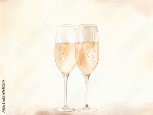 Two glasses of champagne. Christmas watercolor illustration. Card background frame.