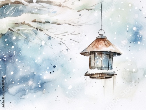 Flashlight in forest. Christmas watercolor illustration. Card background frame. © keystoker