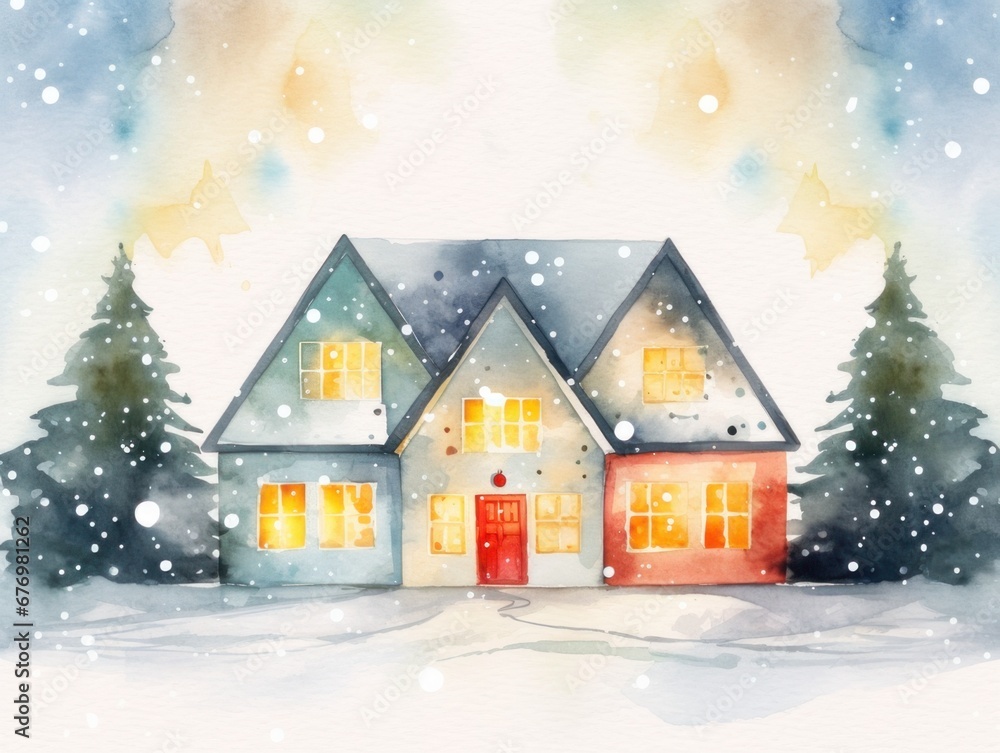 House and Christmas trees. Christmas watercolor illustration. Card background frame. House and Christmas trees. Christmas watercolor illustration. Card background frame.