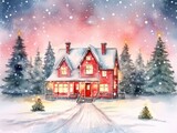 Red house and Christmas trees. Christmas watercolor illustration. Card background frame.