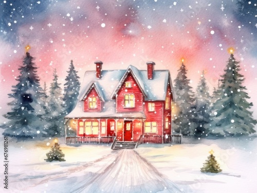 Red house and Christmas trees. Christmas watercolor illustration. Card background frame.